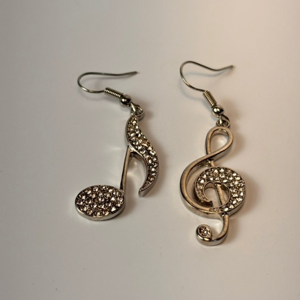 Musical Note Treble Clef Silver Rhinestone Dangle Earrings Statement Whimsygoth